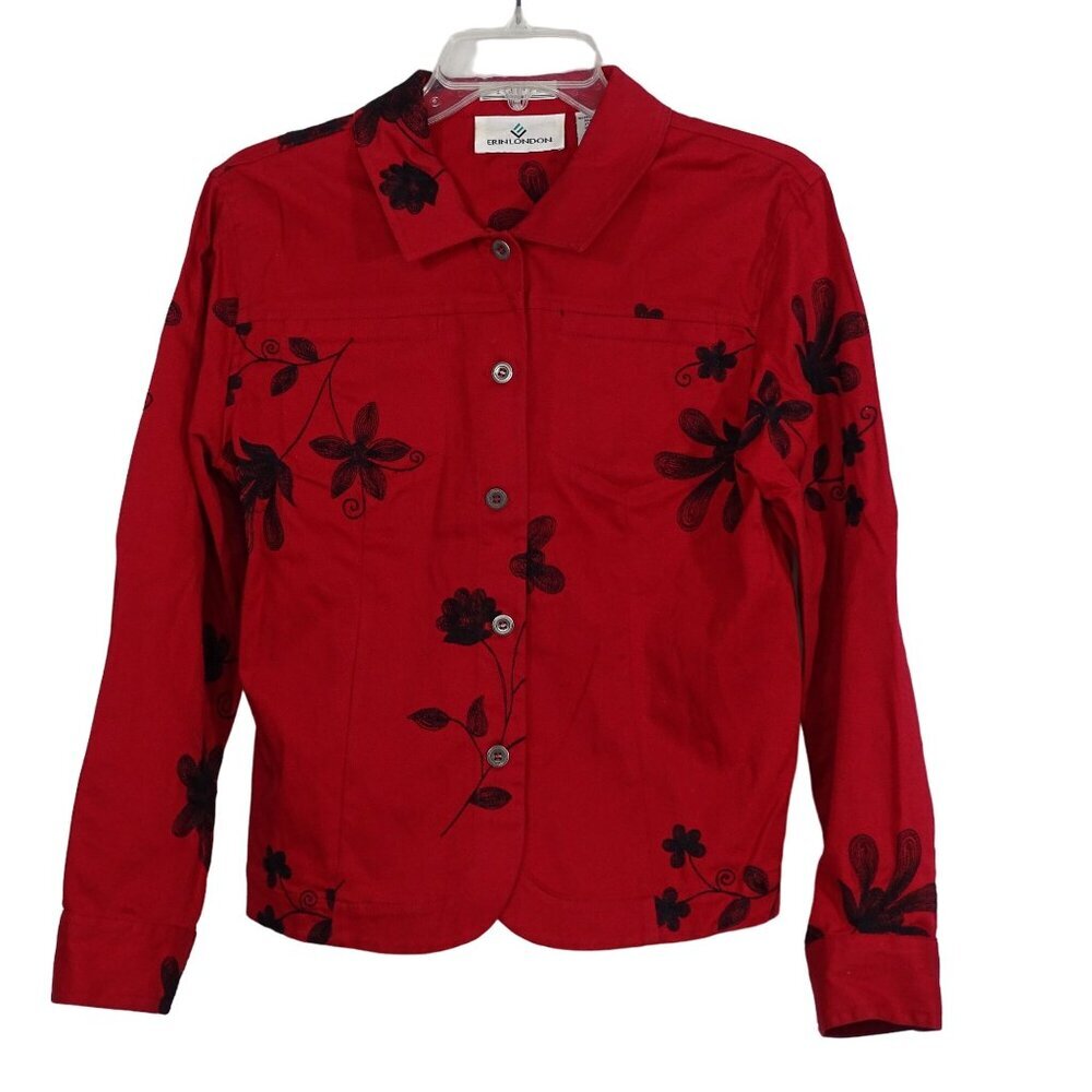 Vintage Erin London Red Embroidered Button Up Jacket Stretch Women Size S FLAW